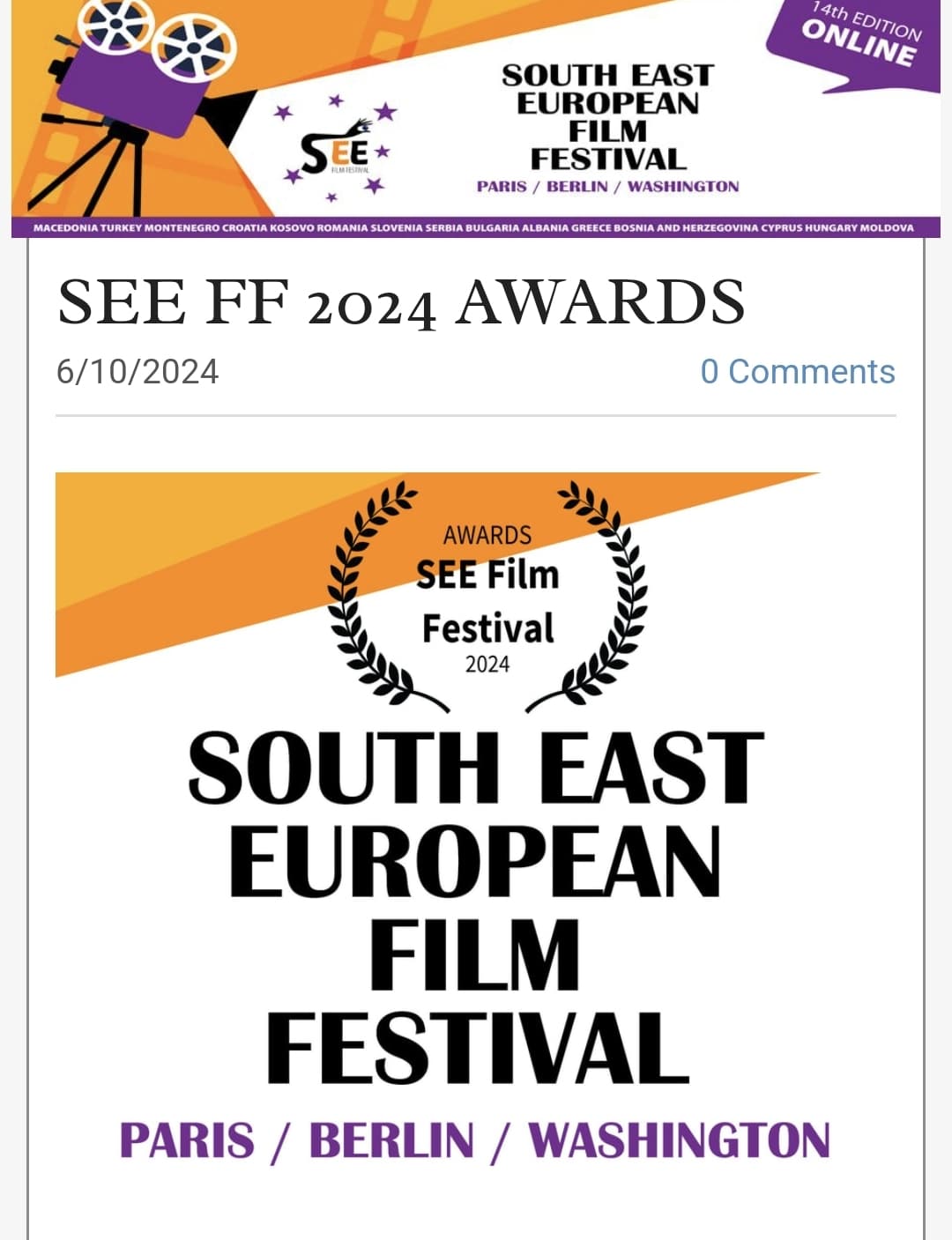 GRAN PRIX za Svetlost i Senke na SEE FILM FESTIVAL u Parizu